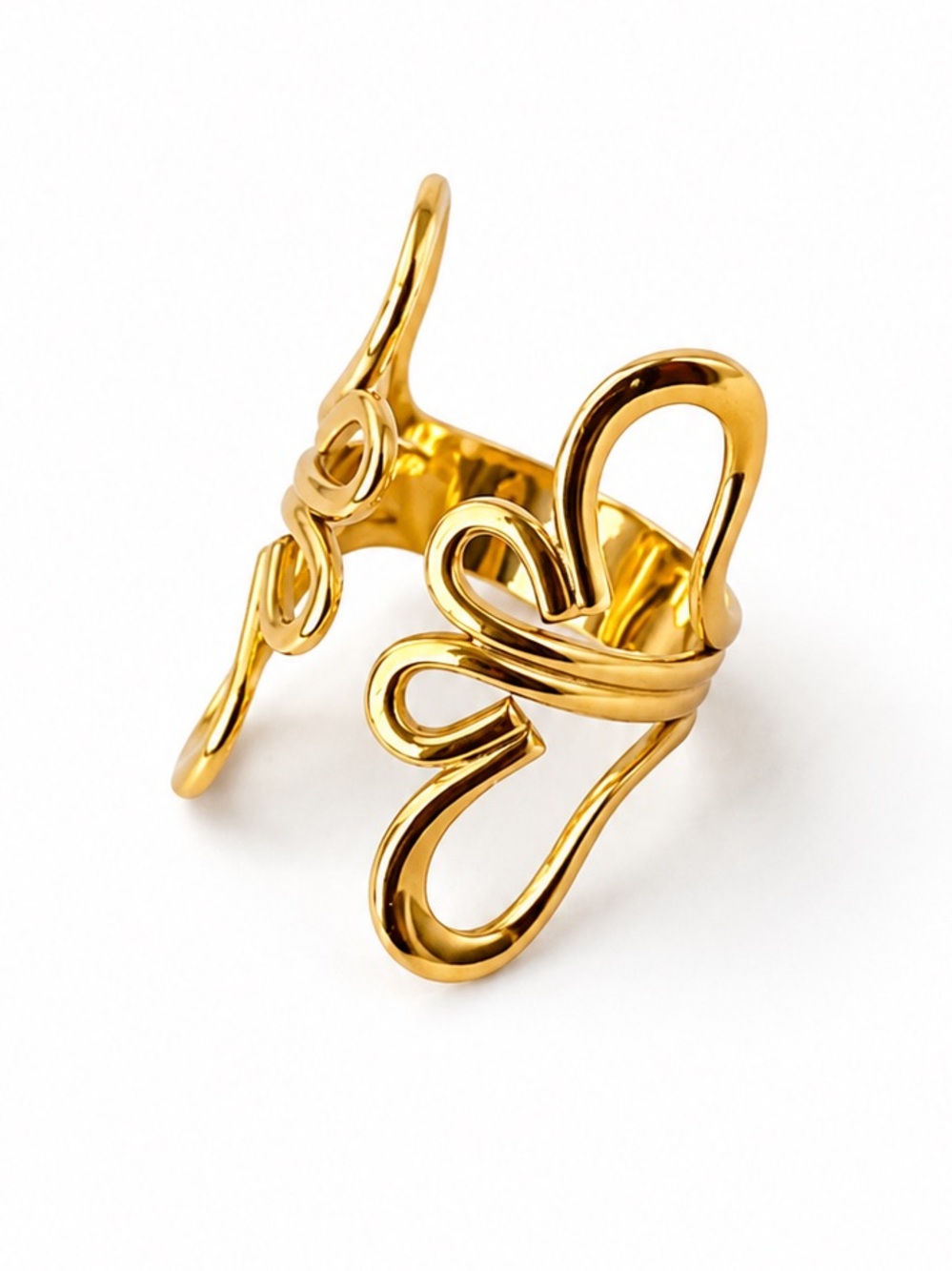 Stainless Steel Adjustable 14K Gold Tone Abstract Open Statement Ring